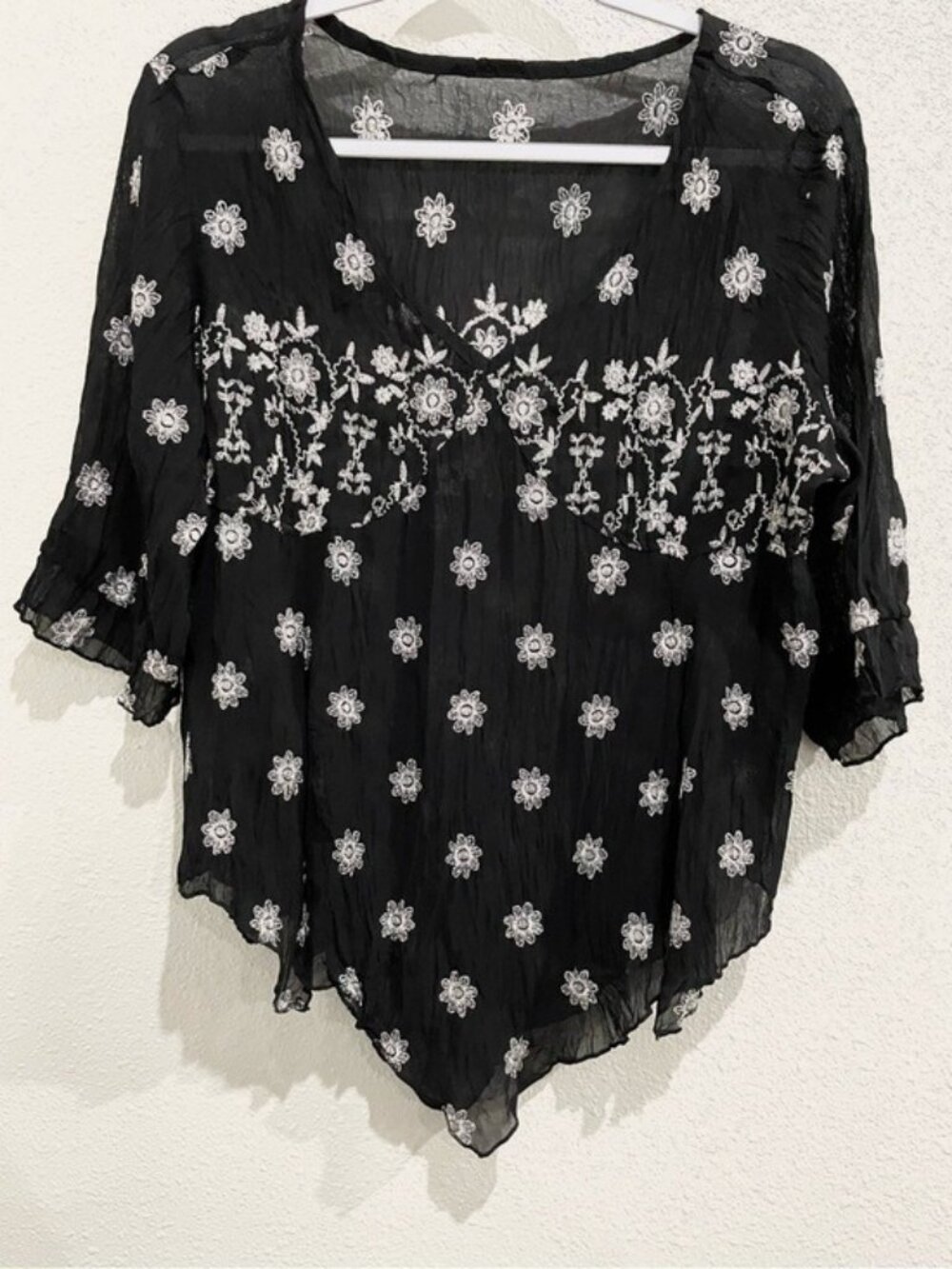 Vintage Embroidered Black Asymmetrical Top Whimsigoth Fairy Gauzy Semi Sheer